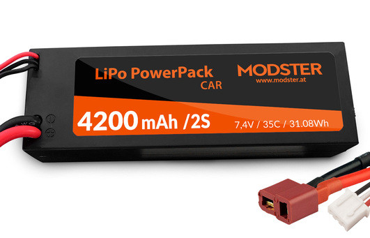 LiPo Pack 2S 7.4V 4200 mAh 35C (Deans) MODSTER PowerPack Car Hardcase